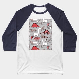 Origami dino friends // pattern // grey linen texture background red white and beige dinosaurs Baseball T-Shirt